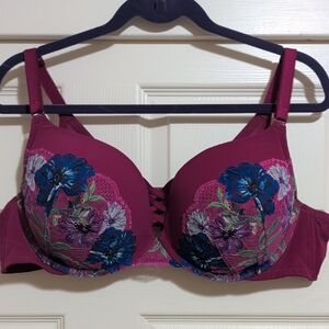 Torrid Magenta Bra with Blue Floral Embroidery